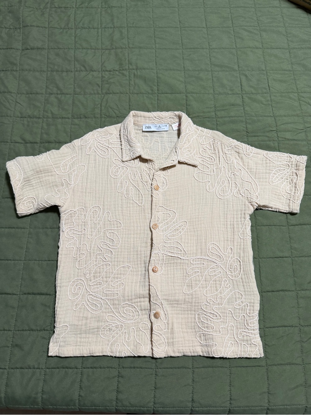 Zara Cream Short Sleeve Embroidered Button-Down Shirt